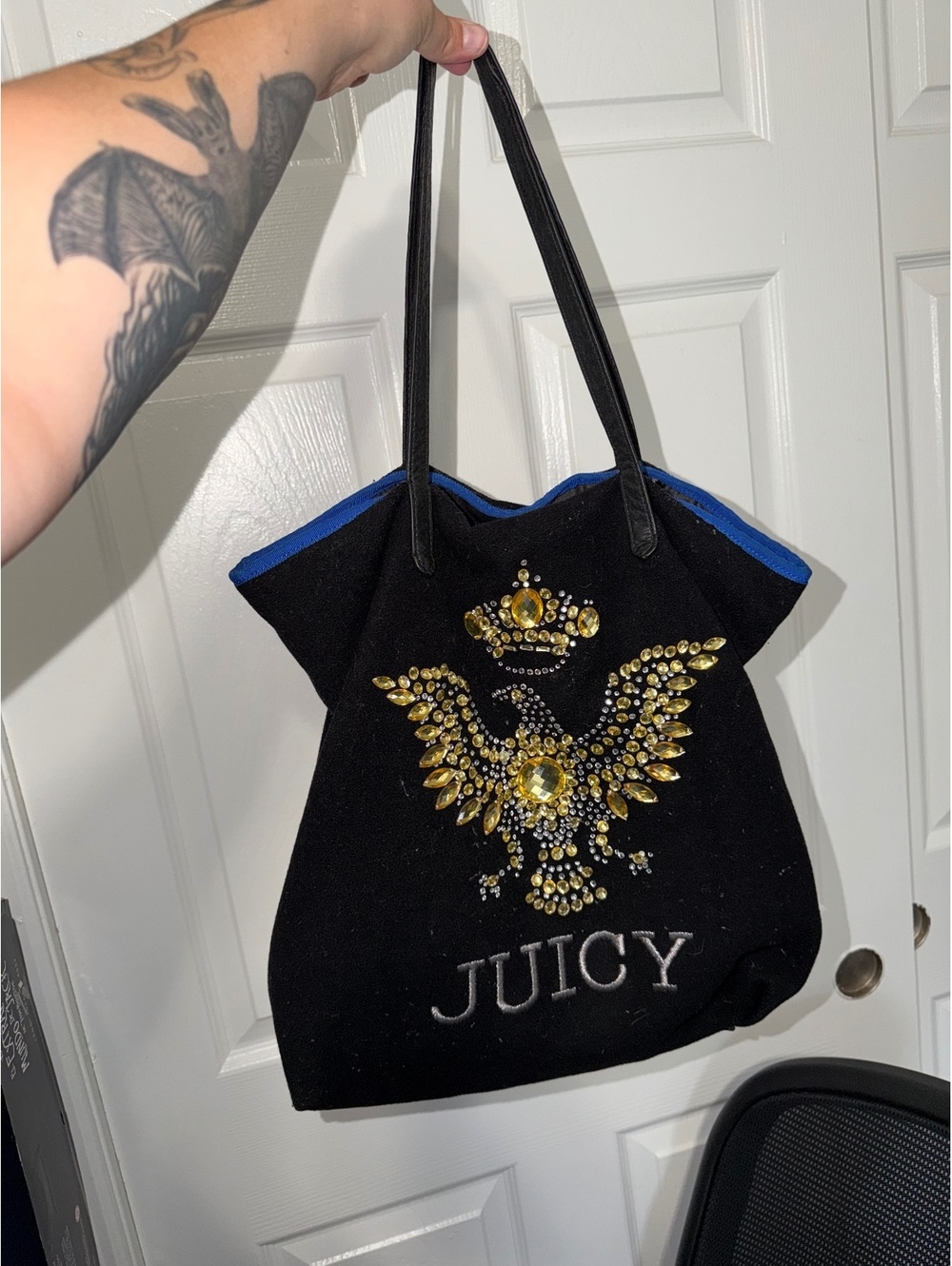 vintage Juicy Couture Black Wool Eagle Rhinestone Tote Bag